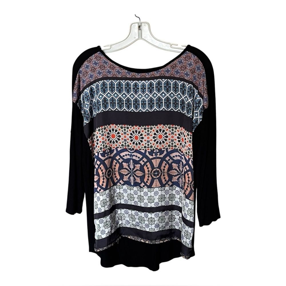 Zara Multi-Color Tile Print Front with Black 3/4 Sleeve T Shirt Top Size Large